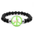 Elastic beaded bracelet with black beads and peace sign pendant on white background - Green White Pattern Peace Dove Sign (JY006970-6)