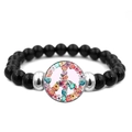Elastic beaded peace sign bracelet with black round beads and floral metal charm pendant - Colorful Floral Peace Sign (JY006970-2)
