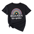 Close-up of rainbow heart graphic and REGULATION typography on black cotton t-shirt - Black (White Text)