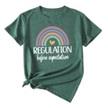 Detail of dark green t-shirt featuring rainbow print and regulation text design - Retro Green (White Text)