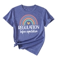 Detail of blue T-shirt featuring rainbow print and Regulation before expectation text - Retro Blue (White Text)