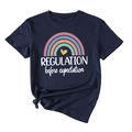 Detail of navy cotton T-shirt featuring rainbow print and decorative hem knot detail - Navy Blue (White Text)