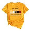Detail of yellow cotton T-shirt featuring 'I Raise Chickens' print and stylish side knot - S / Mustard Yellow (Black Text)