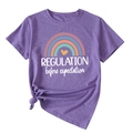 Detail of purple T-shirt with 'REGULATION before expectation' text and side knot hem - Purple (White Text)