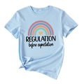 Close-up of light blue cotton T-shirt with rainbow print and knot detail on hem - Light Blue (Black Text)