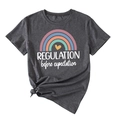 Detail of dark grey t-shirt showing colorful rainbow print and side knot design - Black Heather Grey