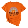Close-up of orange cotton t-shirt with rainbow print and 'REGULATION before expectation' text - Orange