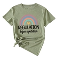 Detail of sage green T-shirt with rainbow graphic and REGULATION before expectation slogan - Olive Green