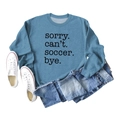 Flat lay of light blue soccer printed sweatshirt with denim shorts and white shoes - Blue (Black Font)