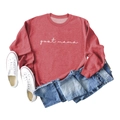 Detailed flat lay of coral red sweatshirt with goat mama print and denim jeans - Red (White Font)