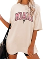 Close-up of Miami letter print and palm tree icon on beige oversized cotton T-shirt - S / Sand