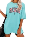 Detail of MIAMI text and palm tree print on light blue loose fit cotton t-shirt - S / Deep Water Blue