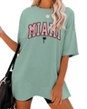 Detail of light green oversized T-shirt with pink MIAMI text and palm tree print - 3811 - Light Green (black Color Image) / S