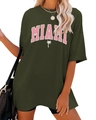 Close-up of olive green oversized T-shirt featuring pink MIAMI text and white palm trees - 3811 - Military Green (white Color Print) / S