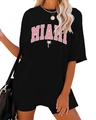 Detail of oversized black t-shirt with pink MIAMI lettering and coconut tree graphics - S / Black
