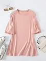 Flat lay of pink crew neck T-shirt with ruffled sleeves and casual accessories - S / Flesh Pink