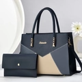 Two-piece navy blue contrast stitching large tote bag and long matching wallet set - Two-Piece Set / Blue
