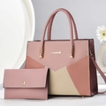 Pink and beige color block tote bag set with V-quilt pattern and matching wallet - Two-Piece Set / Pink
