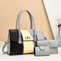 Détails d'un ensemble cabas, portefeuille et porte-cartes en simili cuir gris et doré chic - Gris