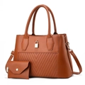 Brown quilted tote bag with gold lock detail and matching small pouch set - Earthy Yellow