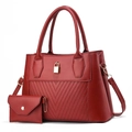 Deep red two-piece handbag set with V-shaped quilting and polished metal hardware - Wine Red