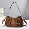 Brown ruched dumpling shoulder bag with silver chain strap and floral accent decor - L21 W24 H8 / Coffee