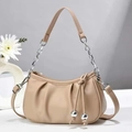 Chic beige ruched dumpling bag with silver chain strap and drawstring metallic charm - L21 W24 H8 / Khaki
