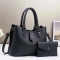 Ensemble sac à main tendance en cuir grainé noir avec boucle ronde en métal et bandoulière - L30xl13xH23cm / Noir