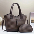 Deep brown quilted tote and clutch set with gold hardware and classic cross pattern - Coffee