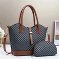 Diamond pattern gray tote and small pouch set with brown leather handles and gold hardware - Black and Brown