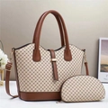 Chic quilted beige handbag set with brown trim and large capacity shoulder strap - Khaki & Brown