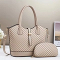 Detail of beige quilted tote bag set with detachable strap and small round pouch - Khaki