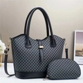 Detail shot of a two-piece plaid tote bag and coin purse set with elegant gold hardware - Black