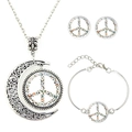 Detailed set showing butterfly peace symbol glass pendant, crescent moon necklace and earrings - Butterfly Flower Peace Sign Style (JY006973-4)