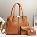 Set di borse da donna in 3 pezzi marrone con cuciture geometriche e dettagli dorati - 31cmx13cmx24cm / Tote Pochette A Busta E Porta Carte / Giallo Terra