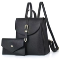 Stylish black pebble leather backpack set with gold hardware and matching envelope pouch - Black