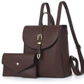 Detail view of dark brown pebbled leather backpack set with gold metal hardware and pouch - Coffee