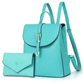 Litchi pattern turquoise leather backpack and envelope bag set with gold hardware - Green