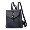 Detail view of stylish color-block backpack featuring blue lattice pattern and gold buckle - L23 W12 H25cm / Black