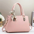 Pink lychee grain leather tote bag for women with floral scarf and adjustable shoulder strap - Pink