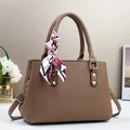 Detail of vintage brown tote bag with lychee texture and decorative floral silk scarf - Coffee / L29 W13 H21