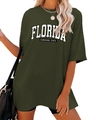 Detail of white Florida Sunshine State text print on oversized army green cotton T-shirt - S / Army Green