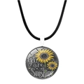 Collier pendentif tournesol You Are My Sunshine avec cordon noir et cabochon verre - Argent