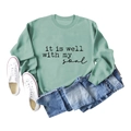 Flat lay of sage green crewneck sweatshirt with It is Well with My Soul print and shorts - S / Light Green (Black Text)