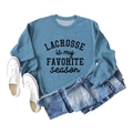 Flat lay of Morandi blue Lacrosse crewneck sweatshirt with black letter print detail - S / Blue Sweatshirt (Black Font)