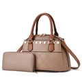 Quilted shell tote bag and long zipper wallet set in khaki PU leather with gold rivets - Khaki