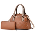 Detail of caramel leather tote with quilted stitching, hexagonal rivets, and matching wallet - Earthy Yellow