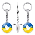 Ukraine flag keychain featuring a peace dove on a double-sided glass dome pendant - Peace Dove Olive Branch Style (XSWX4483-16)