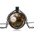 Collier pendentif horloge steampunk vintage avec engrenages mécaniques sous dôme - Noir