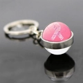 Macro shot of silver keychain featuring a pink floral ribbon charm for breast cancer awareness - Small Flower Ribbon (JY007298-12)